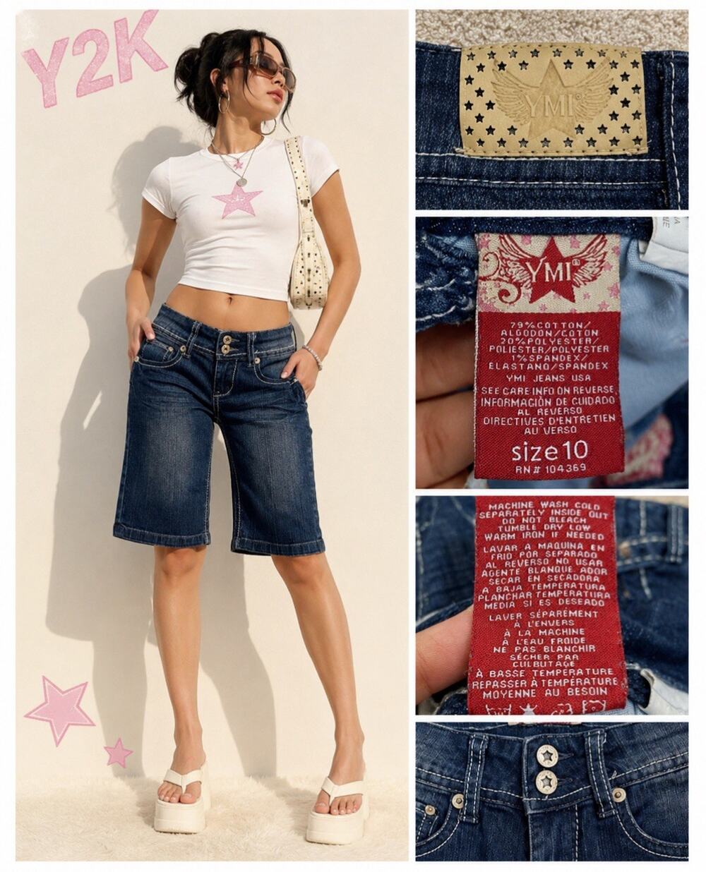 Y2K Indie Sleaze YMI Women's Denim Bermuda Shorts Size 10 Dark Wash Star 2000s